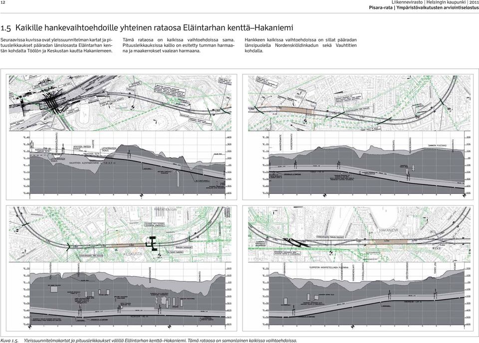 Eläintarhan kentän kohdalta Töölön ja Keskustan kautta Hakaniemeen. Tämä rataosa on kaikissa vaihtoehdoissa sama.