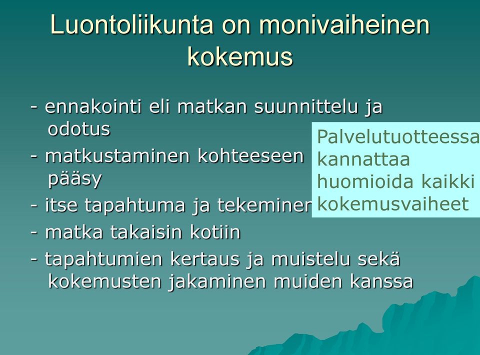 huomioida kaikki - itse tapahtuma ja tekeminen kokemusvaiheet paikan päällä -