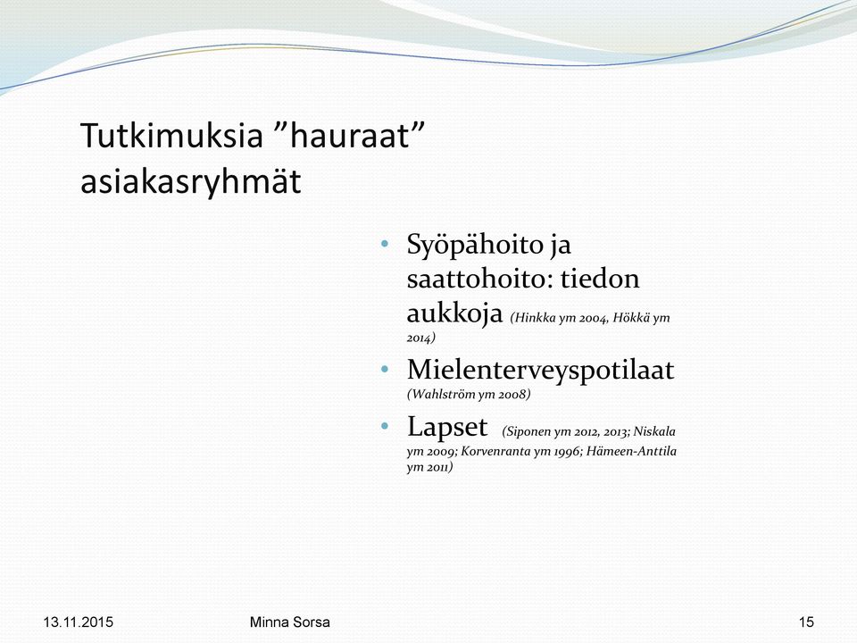 Mielenterveyspotilaat (Wahlström ym 2008) Lapset (Siponen ym 2012,