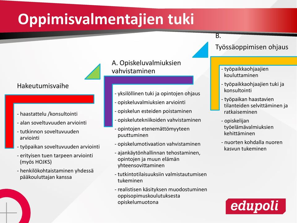 Opiskeluvalmiuksien vahvistaminen - yksilöllinen tuki ja opintojen ohjaus - opiskeluvalmiuksien arviointi - opiskelun esteiden poistaminen - opiskelutekniikoiden vahvistaminen - opintojen