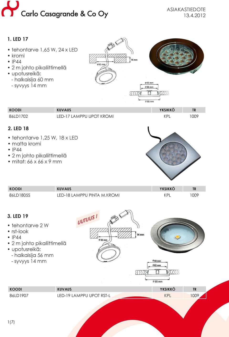 LED 18 tehontarve 1,25 W, 18 x LED mitat: 66 x 66 x 9 mm 86LD1805S LED-18 LAMPPU PINTA M.