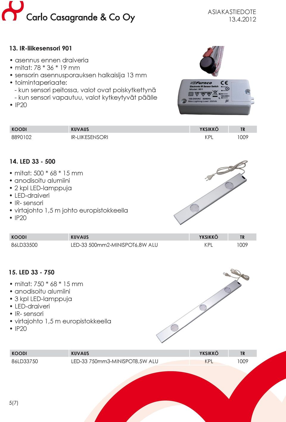 LED 33-500 mitat: 500 * 68 * 15 mm anodisoitu alumiini 2 kpl LED-lamppuja LED-draiveri IR- sensori virtajohto 1,5 m johto europistokkeella 86LD33500 LED-33