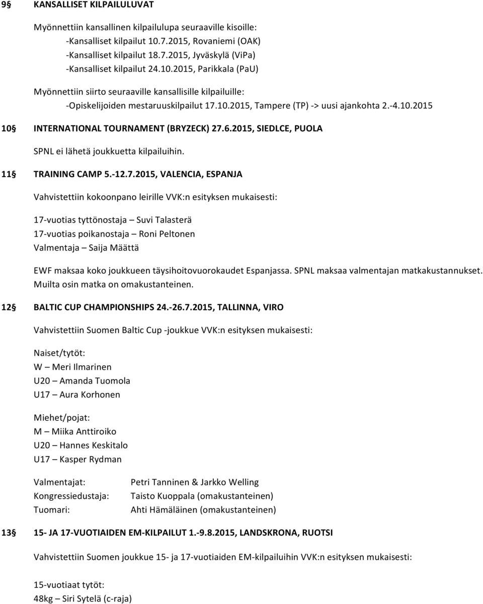 6.2015, SIEDLCE, PUOLA SPNL ei lähetä joukkuetta kilpailuihin. 11 TRAINING CAMP 5.- 12.7.