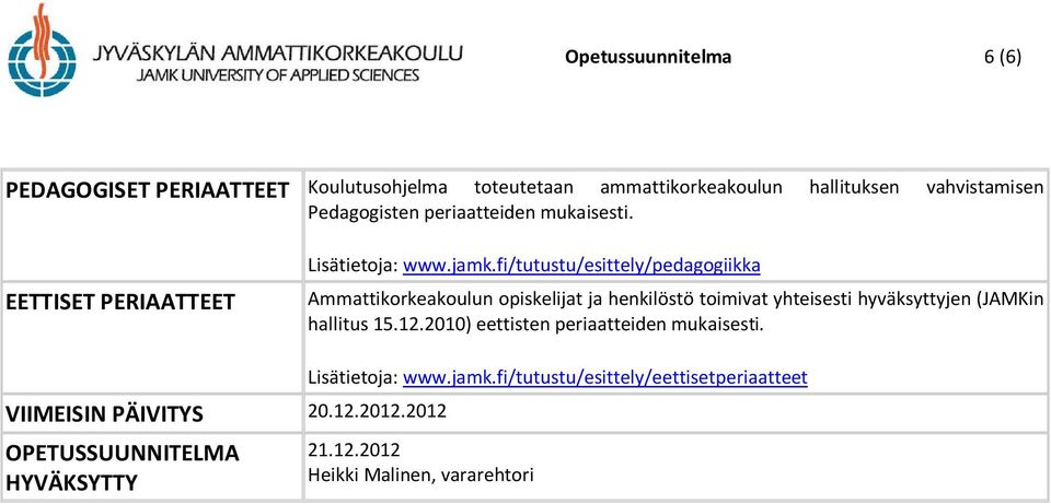 fi/tutustu/esittely/pedagogiikka Ammattikorkeakoulun opiskelijat ja henkilöstö toimivat yhteisesti hyväksyttyjen (JAMKin hallitus 15.12.