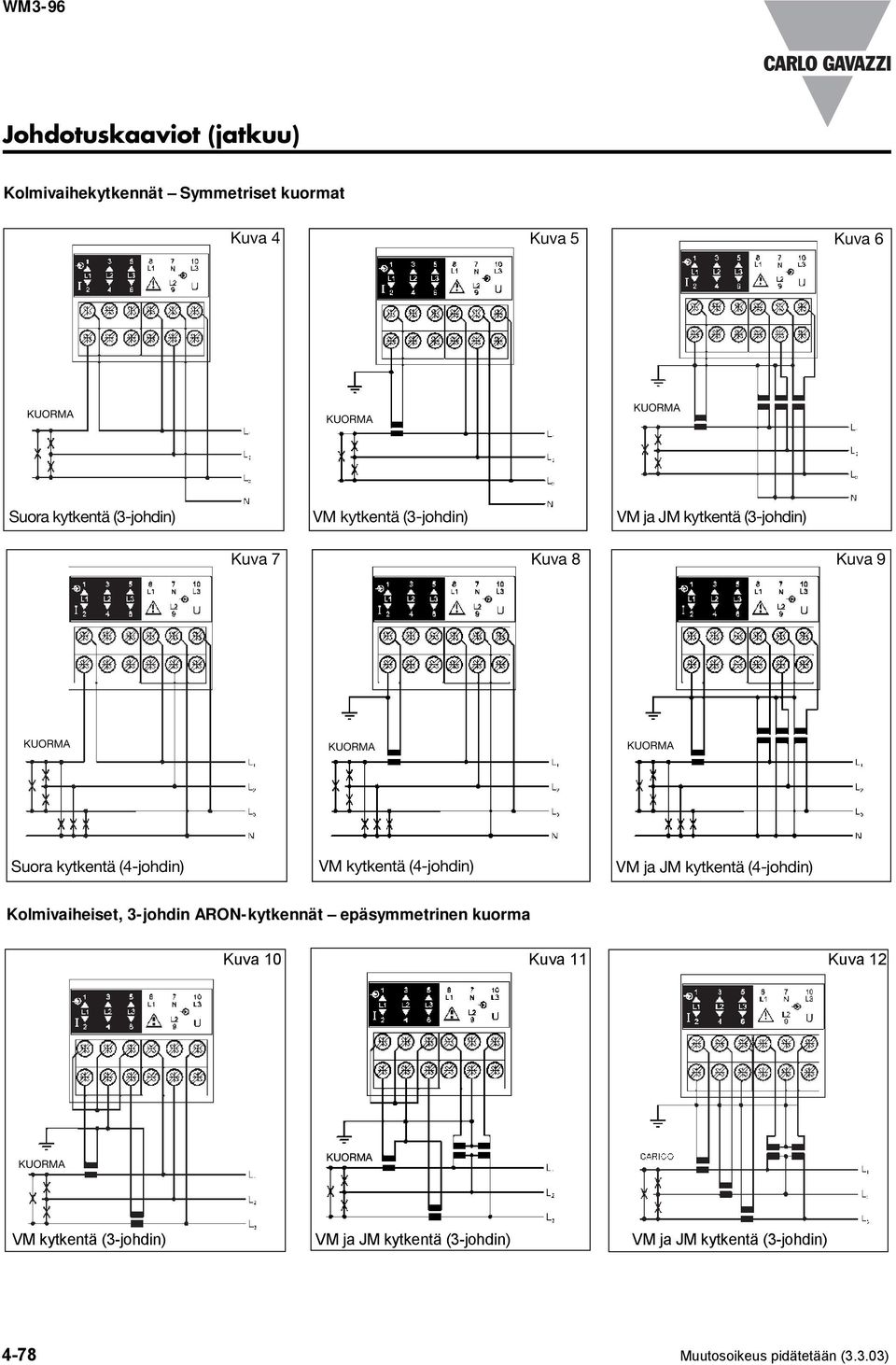 (4-johdin) VM ja JM kytkentä (4-johdin) Kolmivaiheiset, 3-johdin ARON-kytkennät epäsymmetrinen kuorma Kuva 10 Kuva