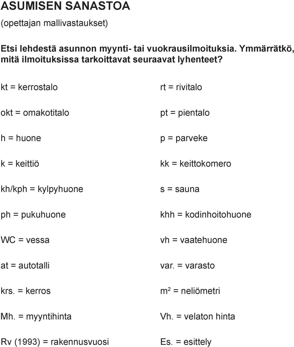 kt = kerrostalo okt = omakotitalo h = huone k = keittiö kh/kph = kylpyhuone ph = pukuhuone WC = vessa at = autotalli krs.