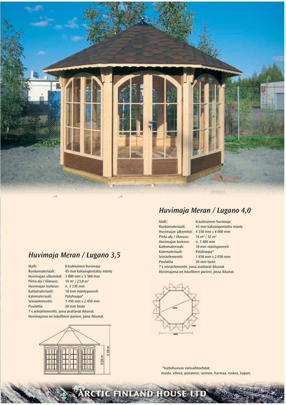 Huvimajan ulkomitat: 4 350 mm x 4 000 mm Pinta-ala / tilavuus: 16 m 2 / 32 m 3 Huvimajan korkeus: n.