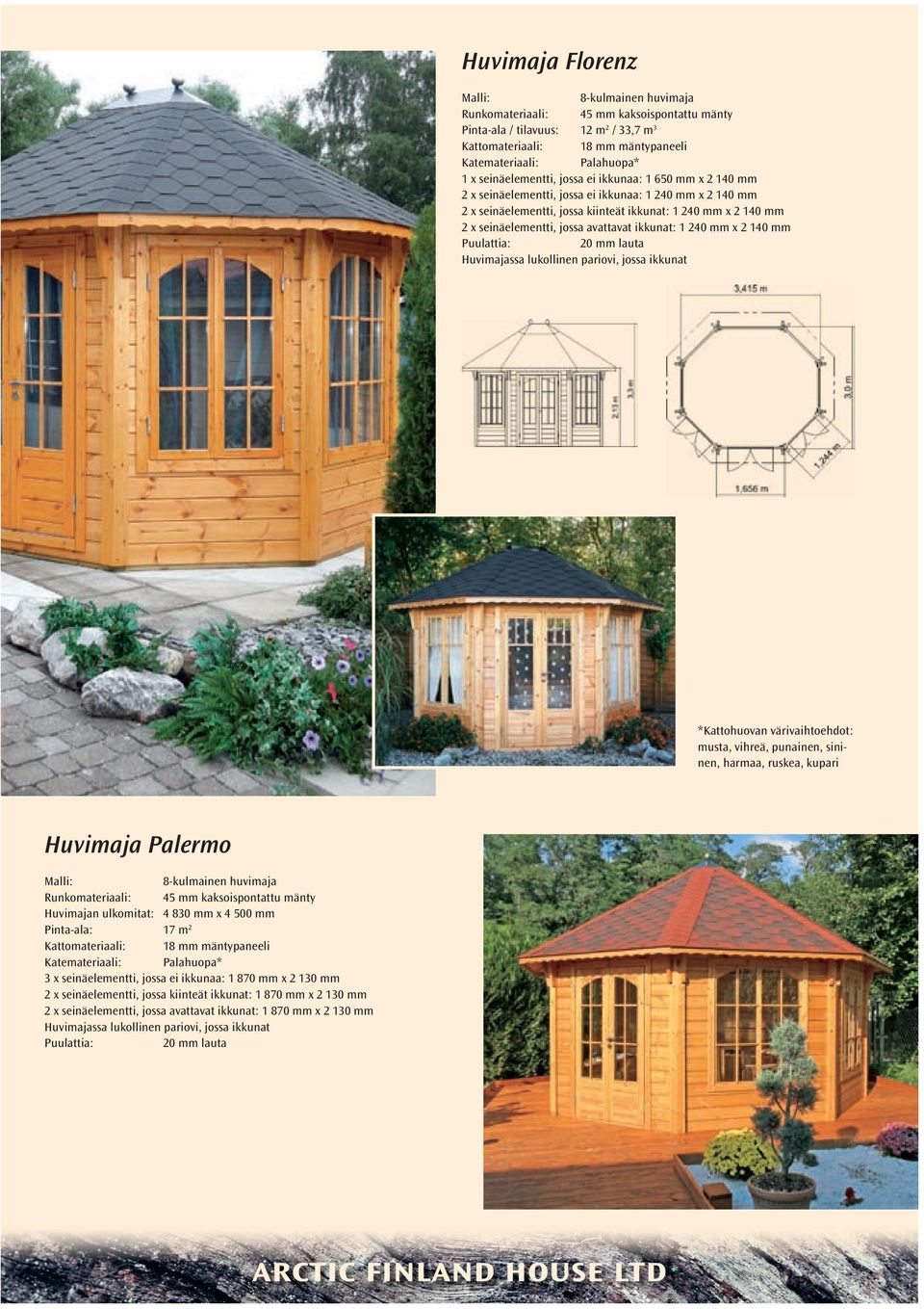 värivaihtoehdot: musta, vihreä, punainen, sininen, harmaa, ruskea, kupari Huvimaja Palermo Huvimajan ulkomitat: 4 830 mm x 4 500 mm Pinta-ala: 17 m 2 3 x seinäelementti, jossa ei