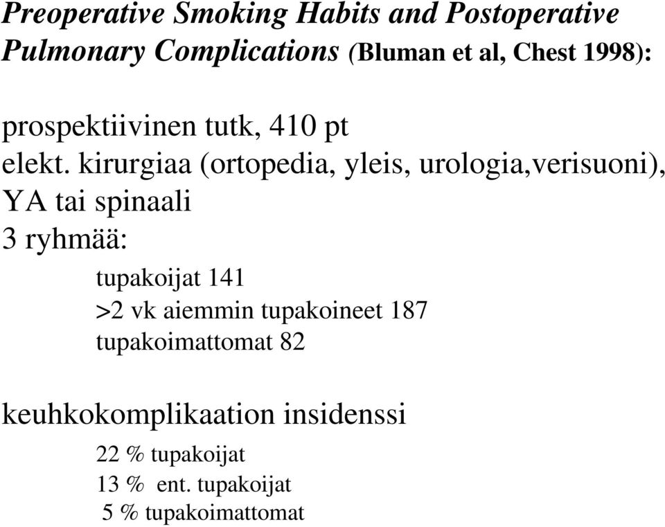 kirurgiaa (ortopedia, yleis, urologia,verisuoni), YA tai spinaali 3 ryhmää: tupakoijat 141