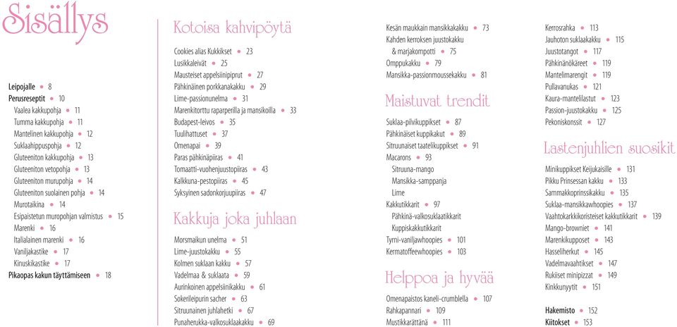 kahvipöytä Cookies alias Kukkikset 23 Lusikkaleivät 25 Mausteiset appelsiinipiprut 27 Pähkinäinen porkkanakakku 29 Lime-passionunelma 31 Marenkitorttu raparperilla ja mansikoilla 33 Budapest-leivos