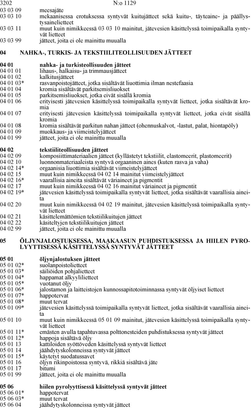 rasvanpoisto, jotka sisältävät liuottimia ilman nestefaasia kromia sisältävät parkitsemisliuokset 04 01 05 parkitsemisliuokset, jotka eivät sisällä kromia 04 01 06 erityisesti jätevesien käsittelyssä