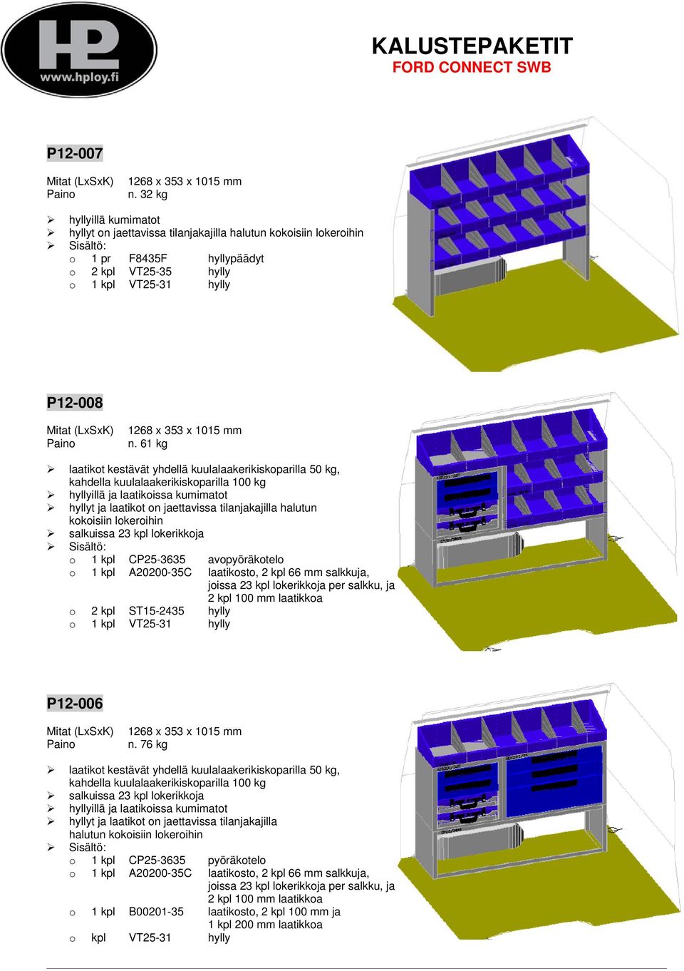 61 kg o 1 kpl CP25-3635 avopyöräkotelo o 1 kpl A20200-35C laatikosto, 2 kpl 66 mm salkkuja, joissa 23 kpl lokerikkoja per salkku, ja 2 kpl 100 mm laatikkoa o 2 kpl ST15-2435