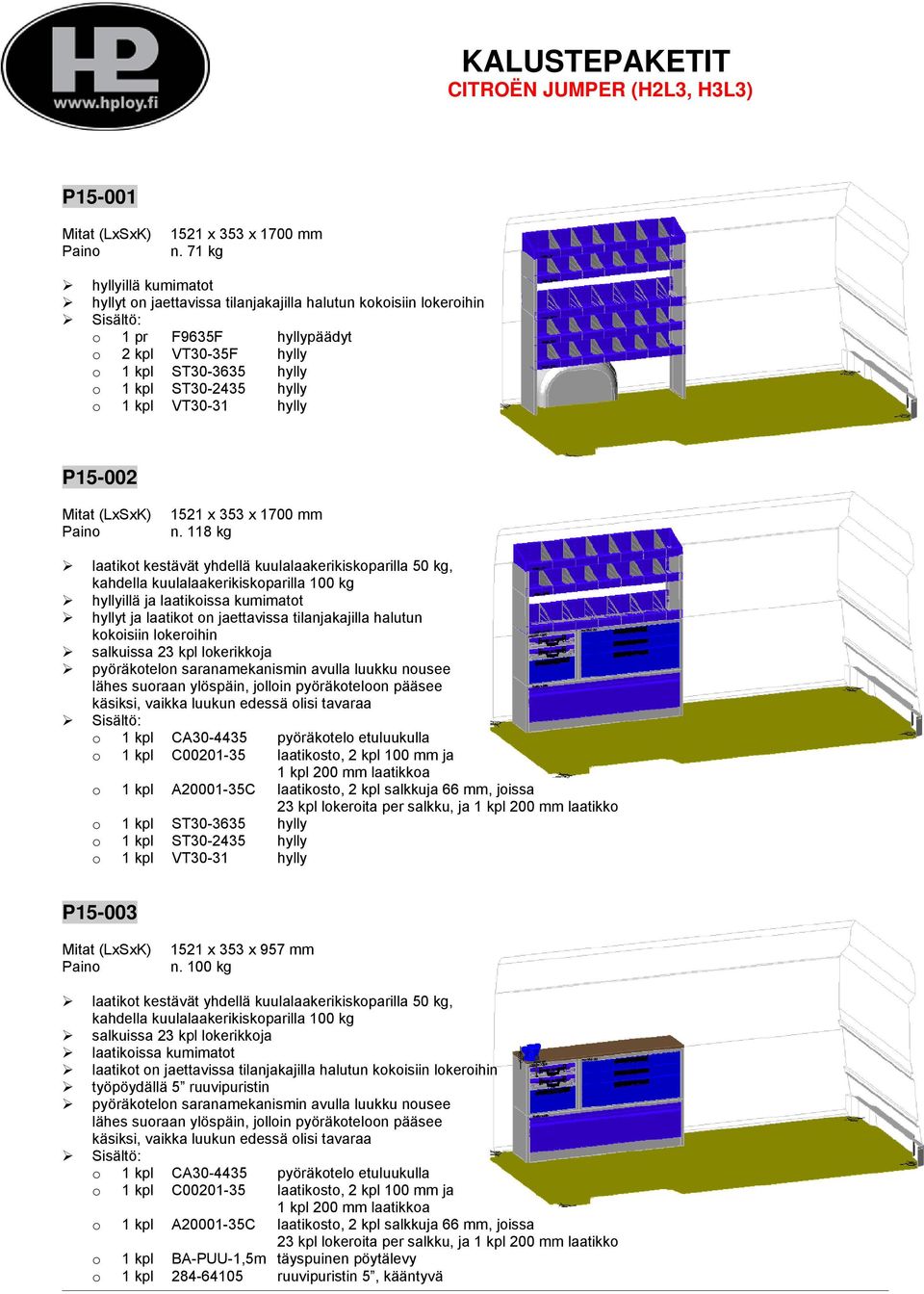 118 kg o 1 kpl CA30-4435 pyöräkotelo etuluukulla o 1 kpl C00201-35 laatikosto, 2 kpl 100 mm ja o 1 kpl A20001-35C laatikosto, 2 kpl salkkuja 66 mm, joissa 23 kpl lokeroita per salkku, ja 1 kpl 200 mm