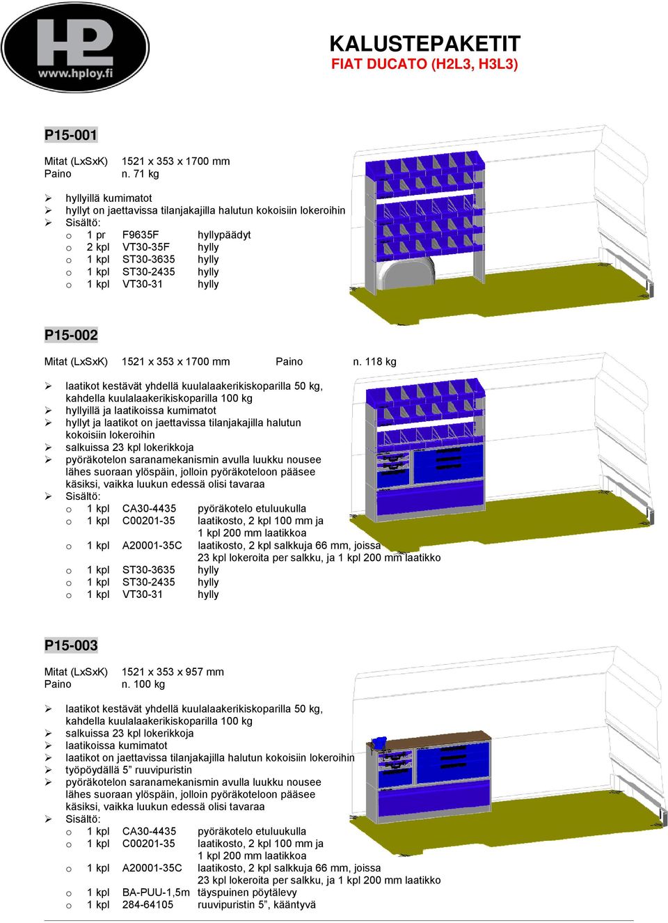 118 kg o 1 kpl CA30-4435 pyöräkotelo etuluukulla o 1 kpl C00201-35 laatikosto, 2 kpl 100 mm ja o 1 kpl A20001-35C laatikosto, 2 kpl salkkuja 66 mm, joissa 23 kpl lokeroita per salkku, ja 1 kpl 200 mm