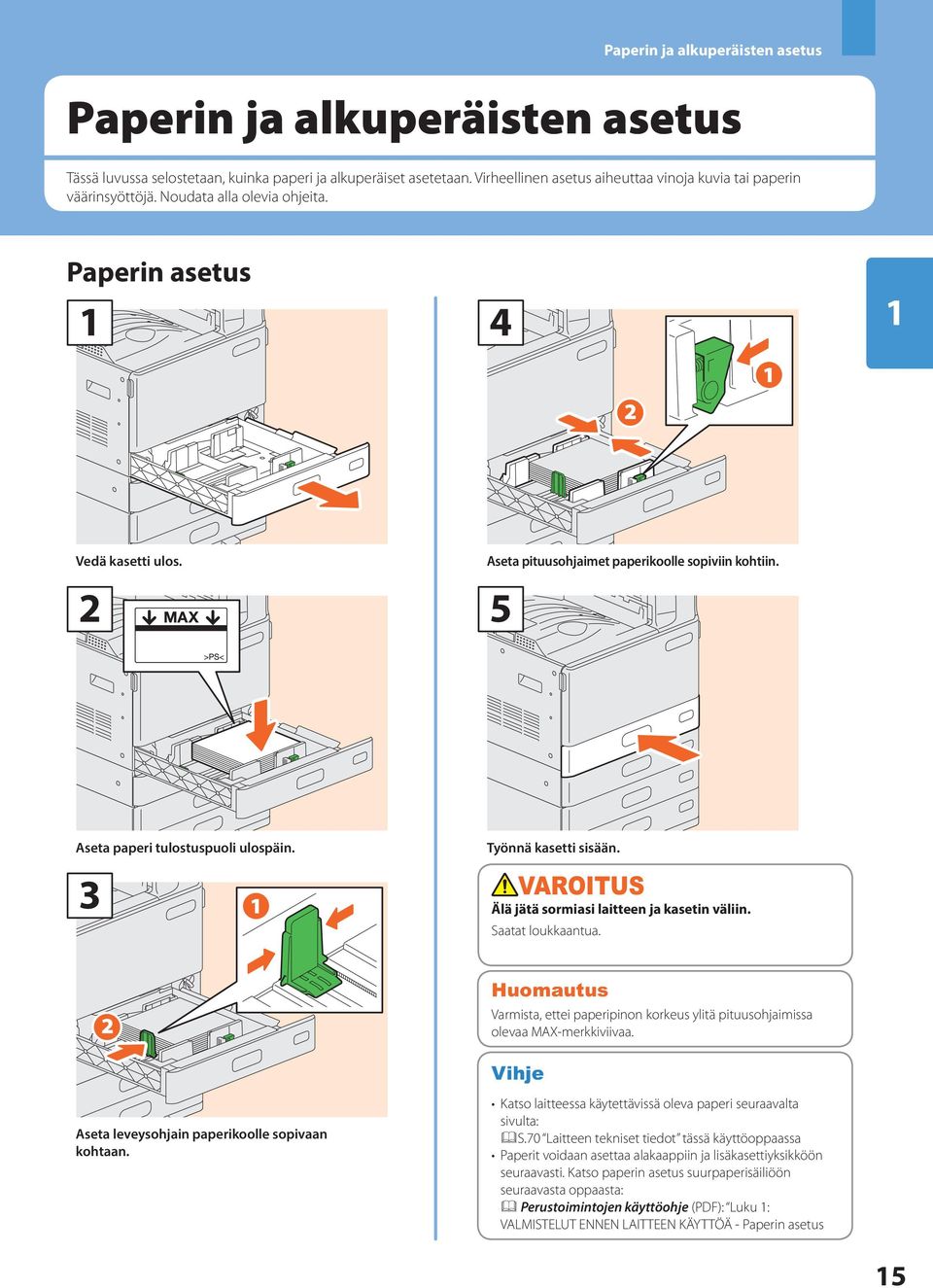 5 Aseta paperi tulostuspuoli ulospäin. 3 Työnnä kasetti sisään. VAROITUS Älä jätä sormiasi laitteen ja kasetin väliin. Saatat loukkaantua.