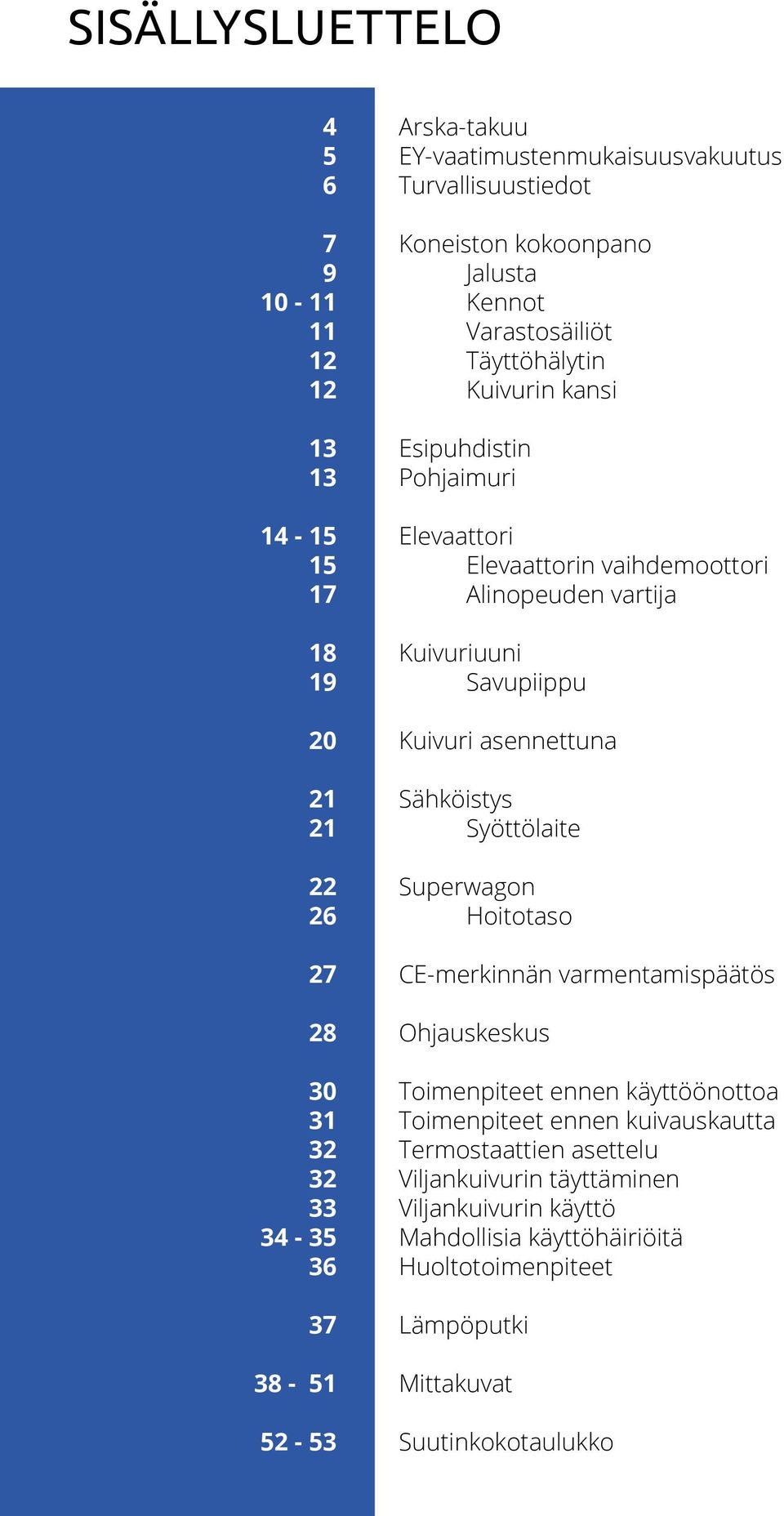 vartija Kuivuriuuni Savupiippu Kuivuri asennettuna Sähköistys Syöttölaite Superwagon Hoitotaso CE-merkinnän varmentamispäätös Ohjauskeskus Toimenpiteet ennen käyttöönottoa