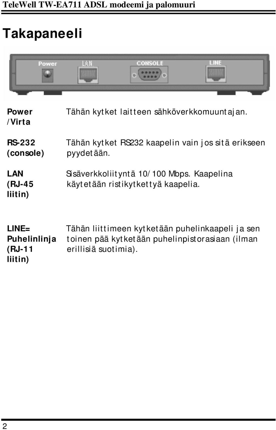 Sisäverkkoliityntä 10/100 Mbps. Kaapelina käytetään ristikytkettyä kaapelia.