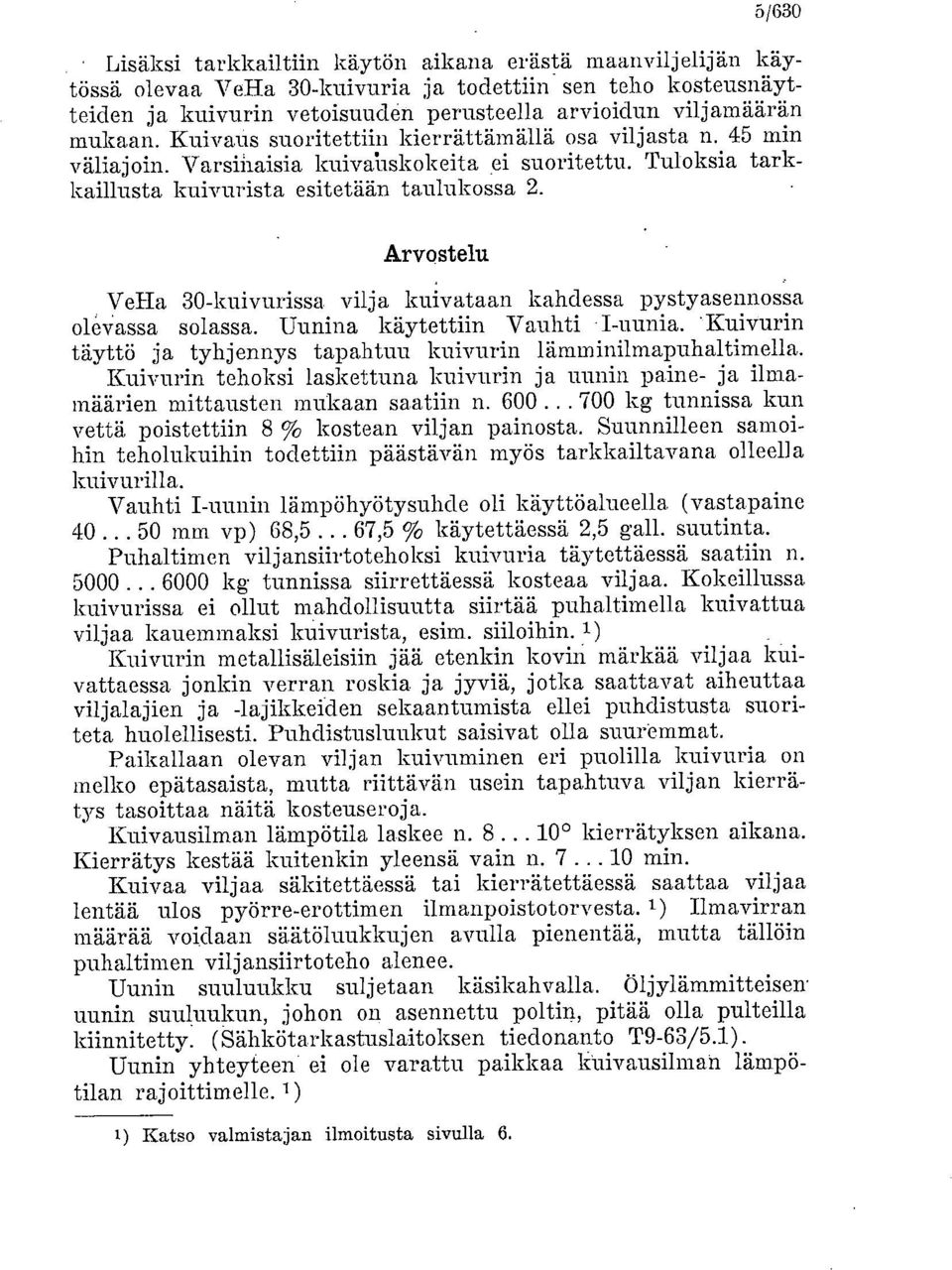 Arvostelu VeHa 30-kuivurissa vilja kuivataan kahdessa pystyasennossa olevassa solassa. Uunina käytettiin Vauhti.I-uunia. Kuivurin täyttö ja tyhjennys tapahtuu kuivurin lämminilmapuhaltimella.