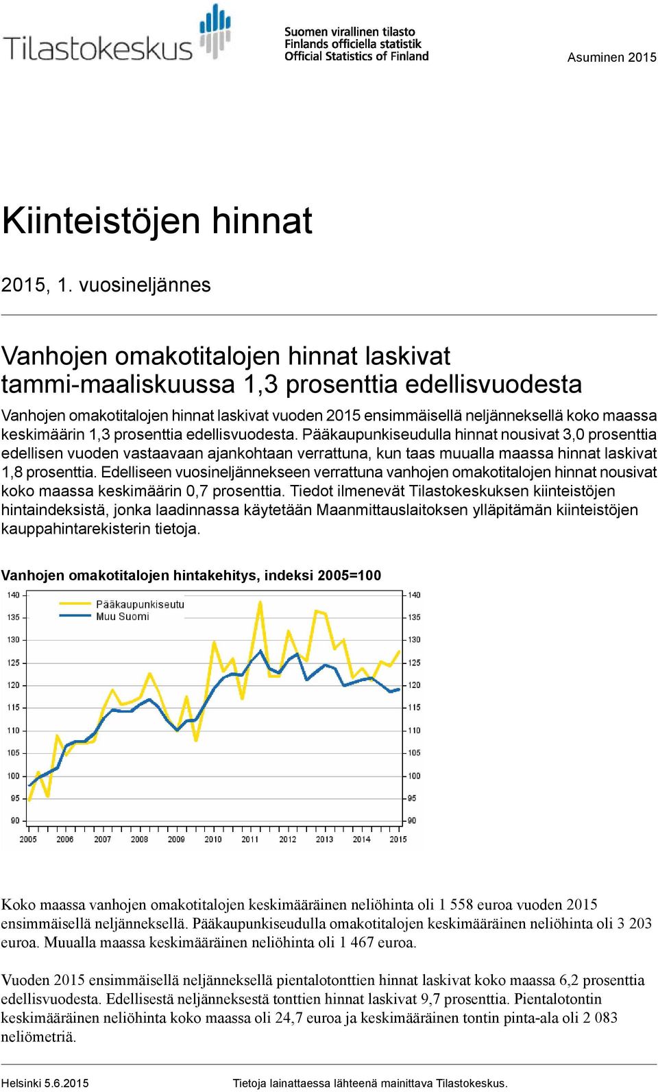 muualla maassa hinnat laskivat 1,8 prosenttia Edelliseen vuosineljännekseen verrattuna vanhojen omakotitalojen hinnat nousivat koko maassa keskimäärin prosenttia Tiedot ilmenevät Tilastokeskuksen