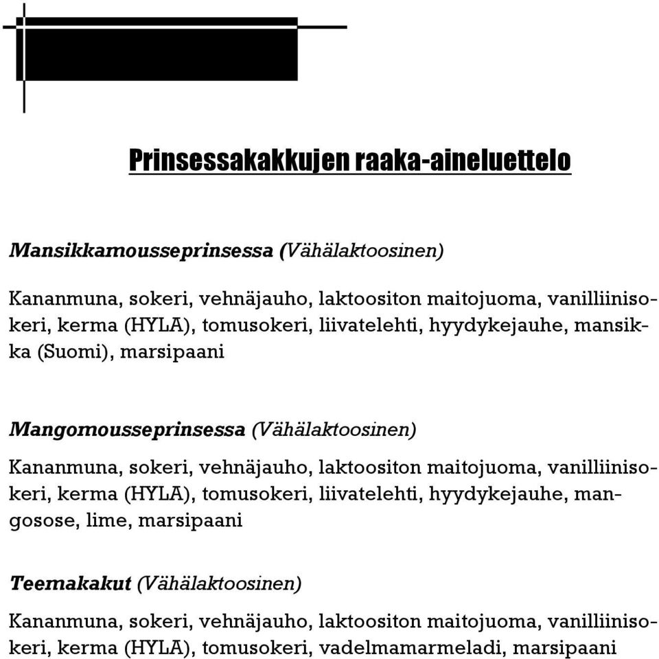 Kananmuna, sokeri, vehnäjauho, laktoositon maitojuoma, vanilliinisokeri, kerma (HYLA), tomusokeri, liivatelehti, hyydykejauhe, mangosose, lime,