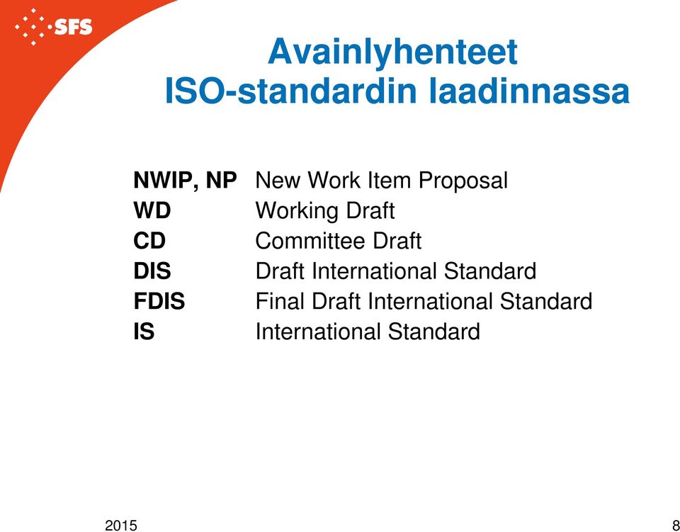Draft DIS Draft International Standard FDIS Final