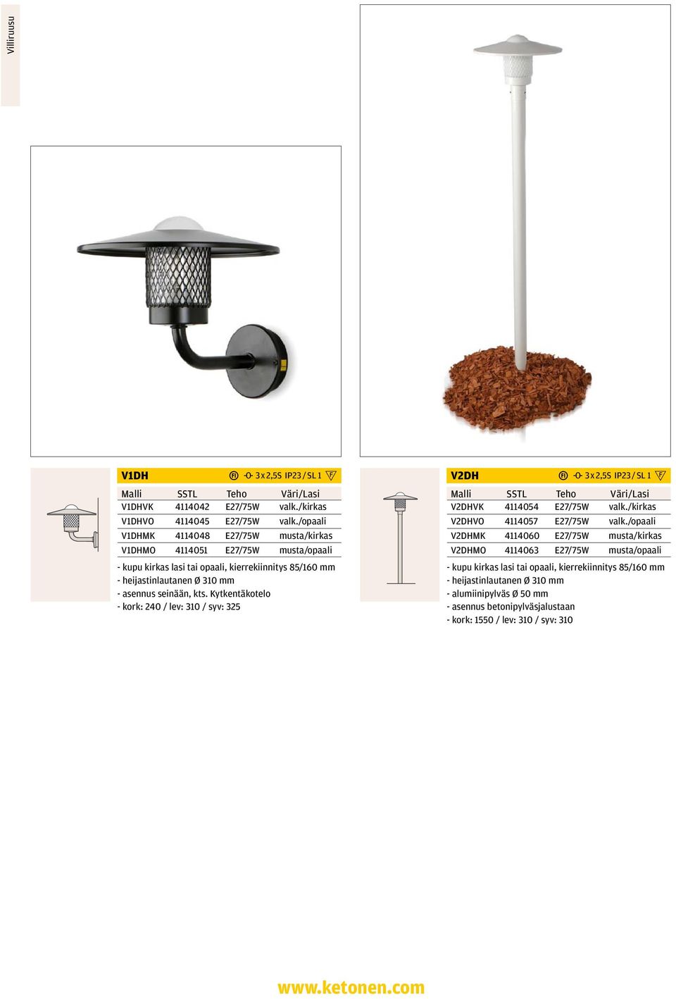 asennus seinään, kts. Kytkentäkotelo - kork: 240 / lev: 310 / syv: 325 V2DH -O- 3 x 2,5S IP23 / SL 1 /Lasi V2DHVK 4114054 E27/75W valk.