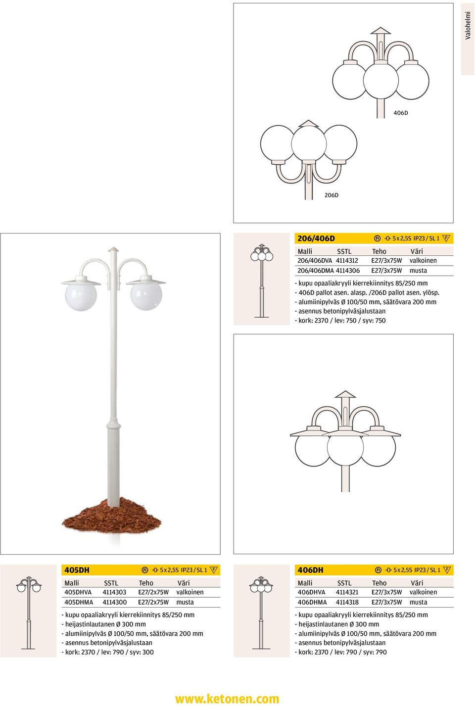 - alumiinipylväs Ø 100/50 mm, säätövara 200 mm - kork: 2370 / lev: 750 / syv: 750 405DH 405DHVA 4114303 E27/2x75W valkoinen 405DHMA 4114300 E27/2x75W musta - kupu opaaliakryyli