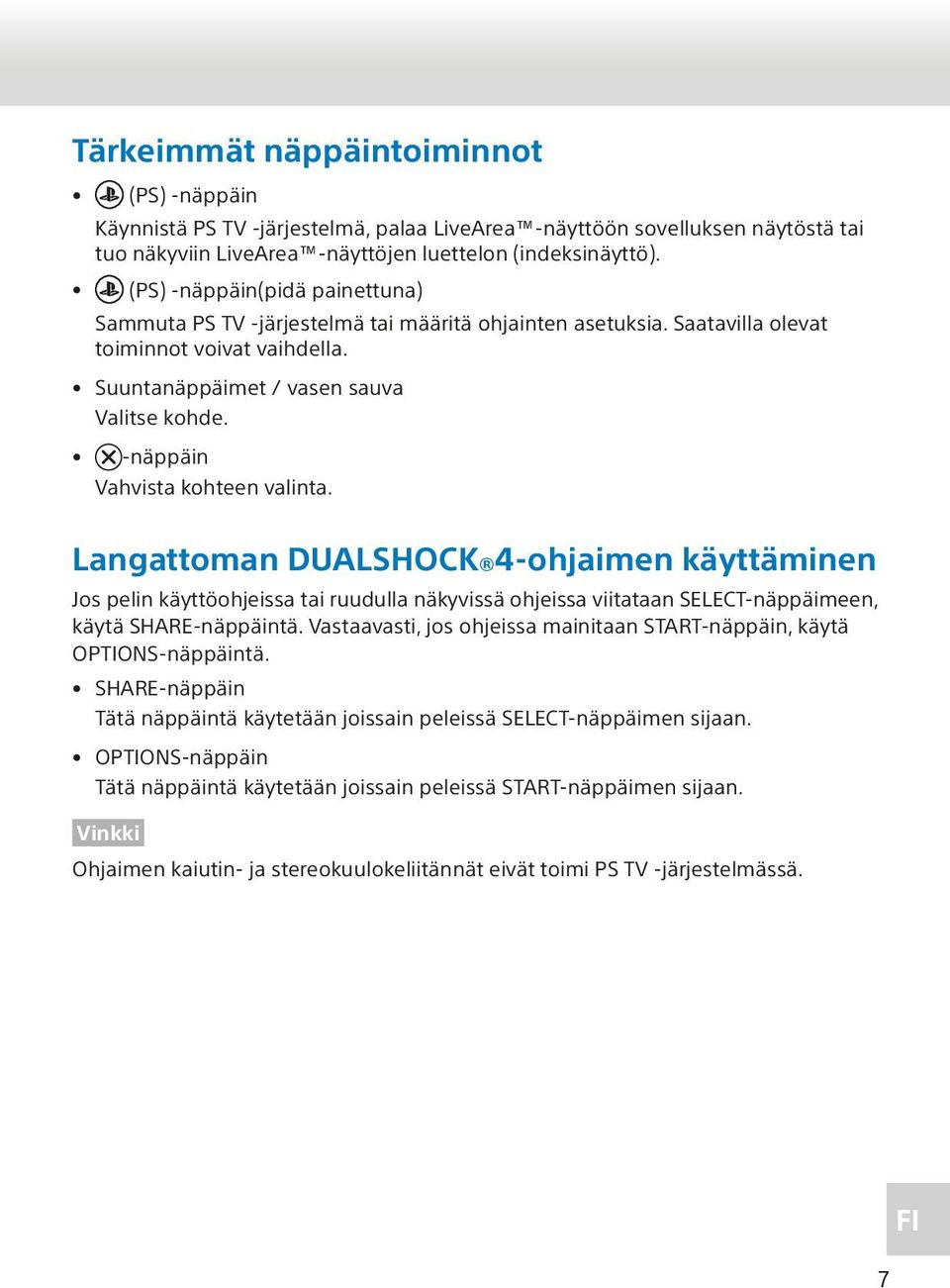 -näppäin Vahvista kohteen valinta. Langattoman DUALSHOCK 4-ohjaimen käyttäminen Jos pelin käyttöohjeissa tai ruudulla näkyvissä ohjeissa viitataan SELECT-näppäimeen, käytä SHARE-näppäintä.