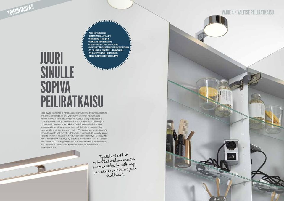 PISTORASIALLA JA KATKAISIJALLA KÄTEVIÄ LISÄTARVIKKEITA DELTA-PEILIKAAPPIIN Lisää hyvää tunnelmaa ja vähennä energiankulutusta.