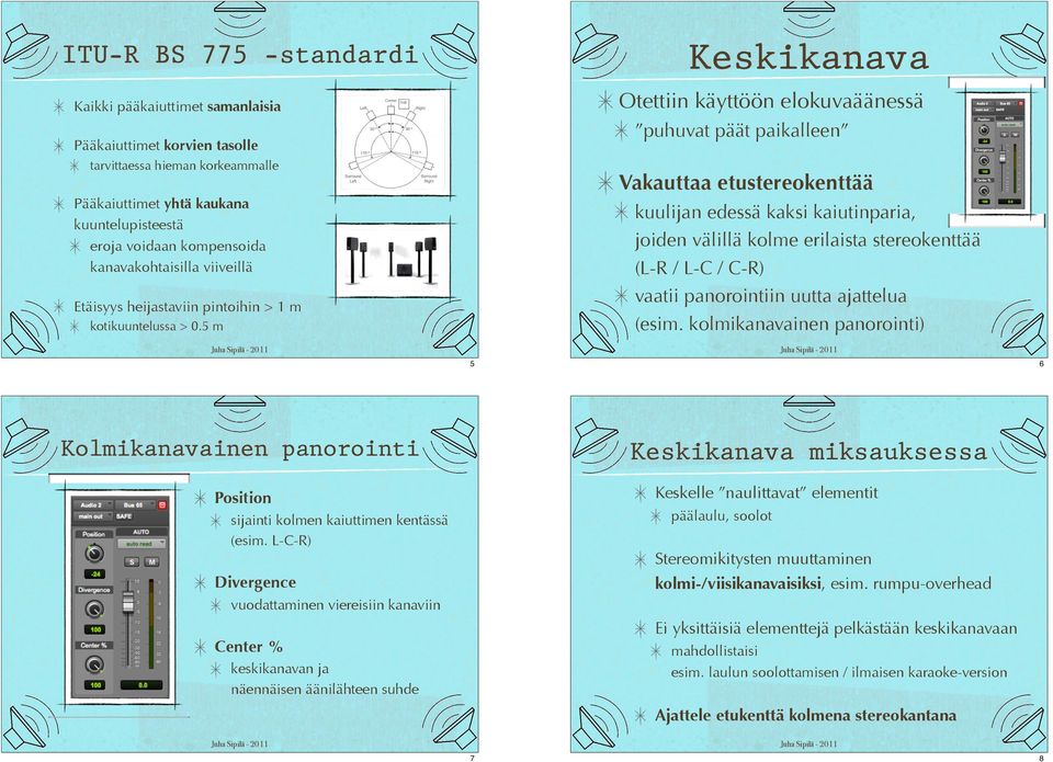 (L-R / L-C / C-R) vaatii panorointiin uutta ajattelua (esim.!kolmikanavainen panorointi) Etäisyys heijastaviin pintoihin > 1 m kotikuuntelussa > 0.