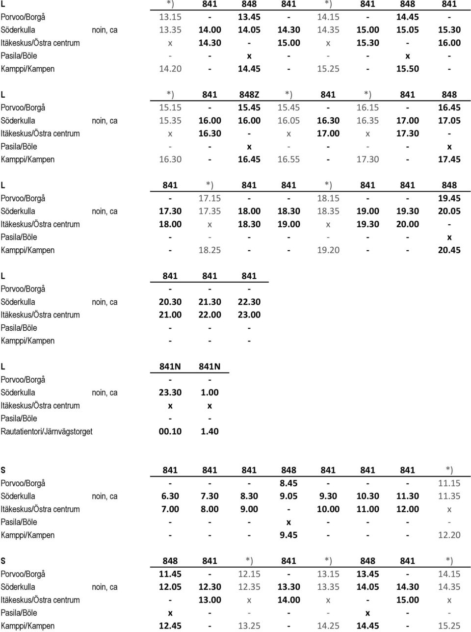 05 Itäkeskus/Östra centrum x 16.30 - x 17.00 x 17.30 - x - - - - x Kamppi/Kampen 16.30-16.45 16.55-17.30-17.45 L 841 *) 841 841 *) 841 841 848 Porvoo/Borgå - 17.15 - - 18.15 - - 19.