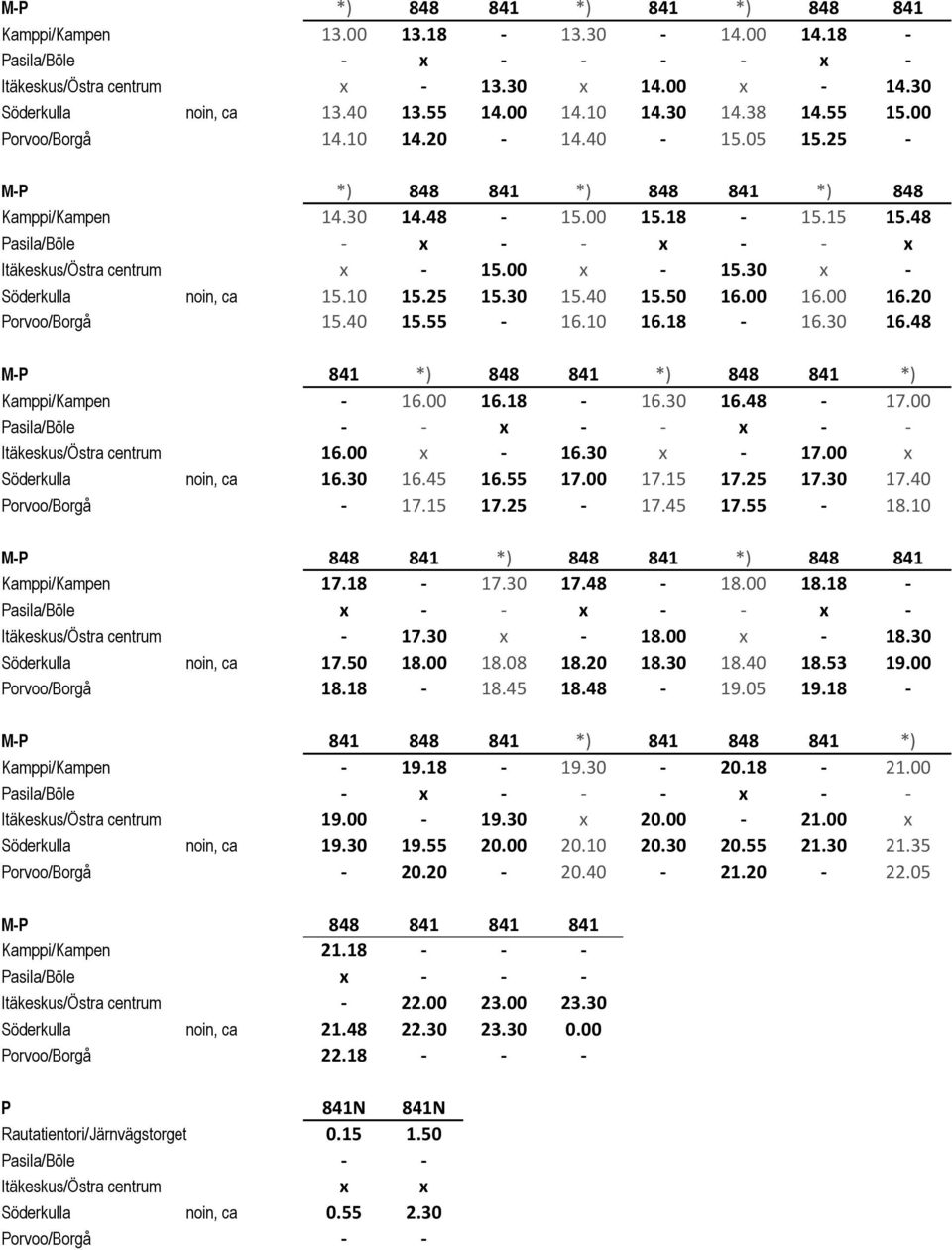 48 Pasila/Böle - x - - x - - x Itäkeskus/Östra centrum x - 15.00 x - 15.30 x - Söderkulla noin, ca 15.10 15.25 15.30 15.40 15.50 16.00 16.00 16.20 Porvoo/Borgå 15.40 15.55-16.10 16.18-16.30 16.