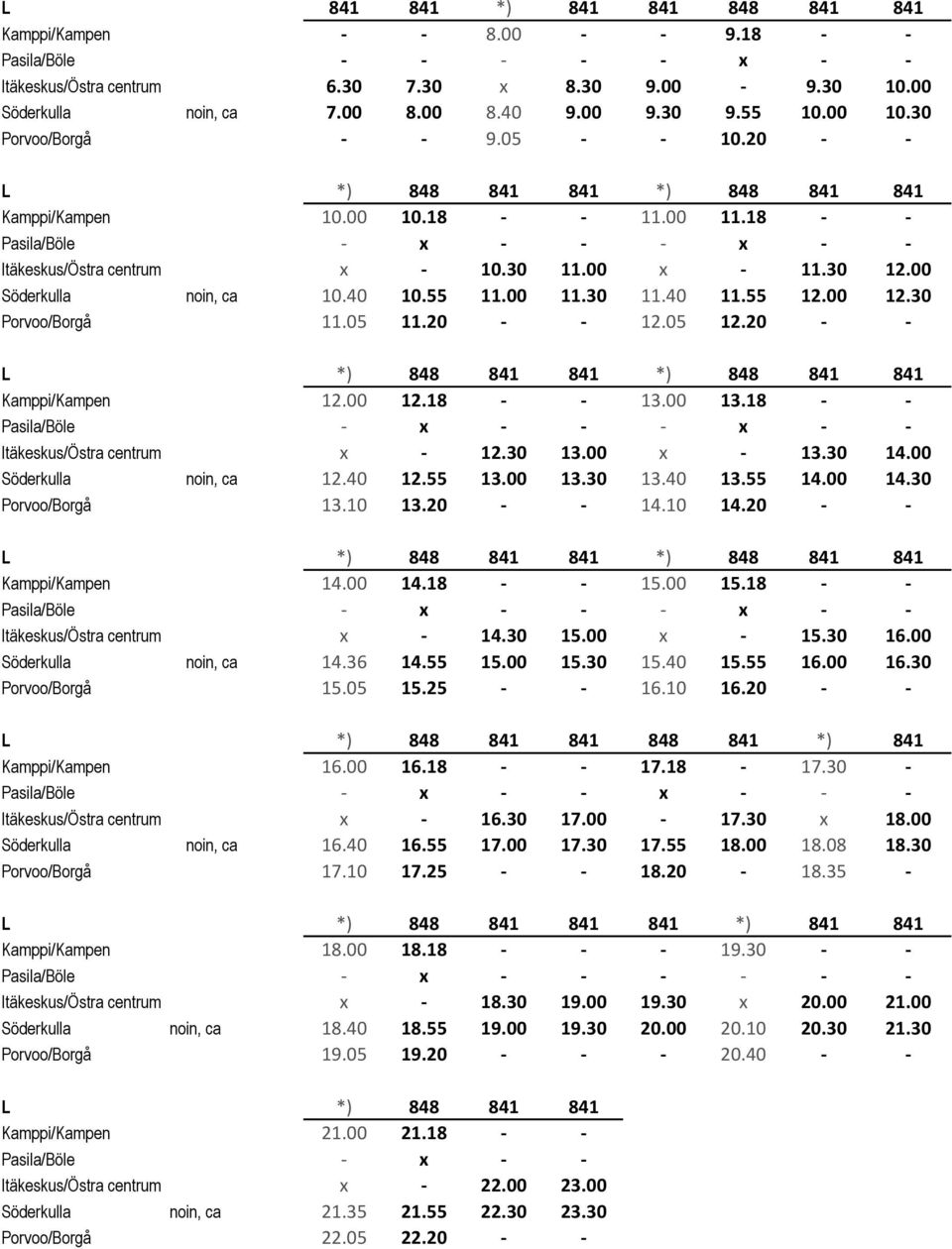 40 10.55 11.00 11.30 11.40 11.55 12.00 12.30 Porvoo/Borgå 11.05 11.20 - - 12.05 12.20 - - L *) 848 841 841 *) 848 841 841 Kamppi/Kampen 12.00 12.18 - - 13.00 13.18 - - Itäkeskus/Östra centrum x - 12.