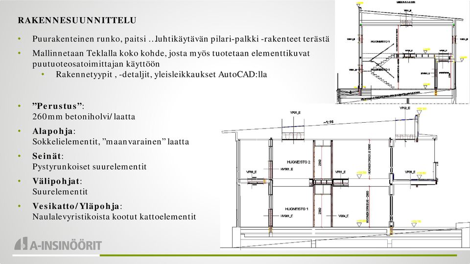 yleisleikkaukset AutoCAD:lla Perustus : 260mm betoniholvi/laatta Alapohja: Sokkelielementit, maanvarainen laatta