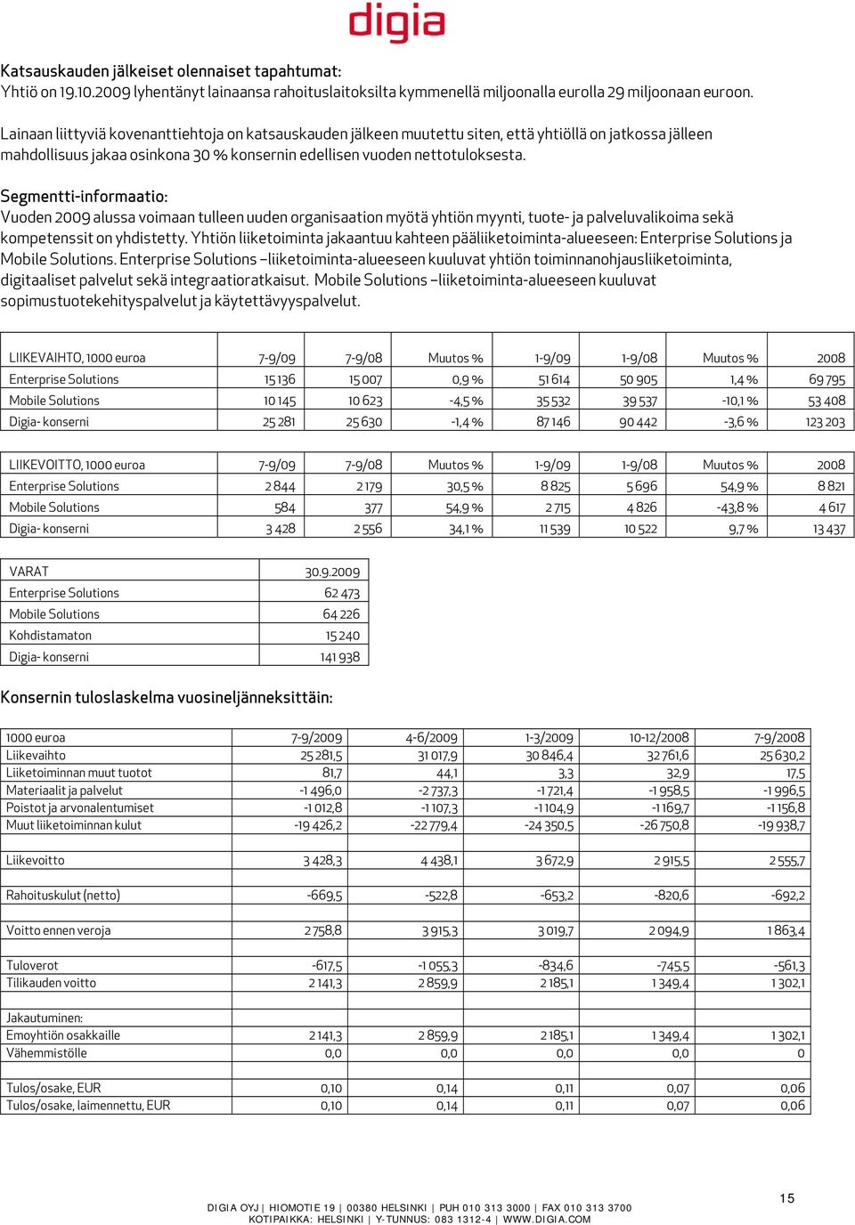 Segmentti-informaatio: Vuoden 2009 alussa voimaan tulleen uuden organisaation myötä yhtiön myynti, tuote- ja palveluvalikoima sekä kompetenssit on yhdistetty.