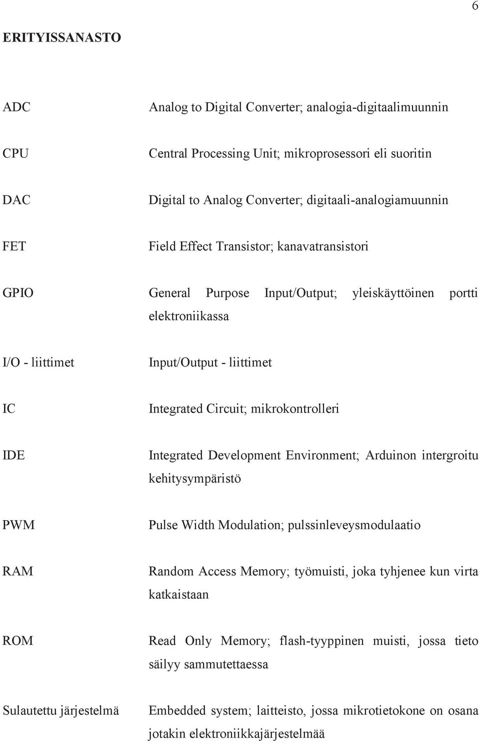 IDE Integrated Development Environment; Arduinon intergroitu kehitysympäristö PWM Pulse Width Modulation; pulssinleveysmodulaatio RAM Random Access Memory; työmuisti, joka tyhjenee kun virta