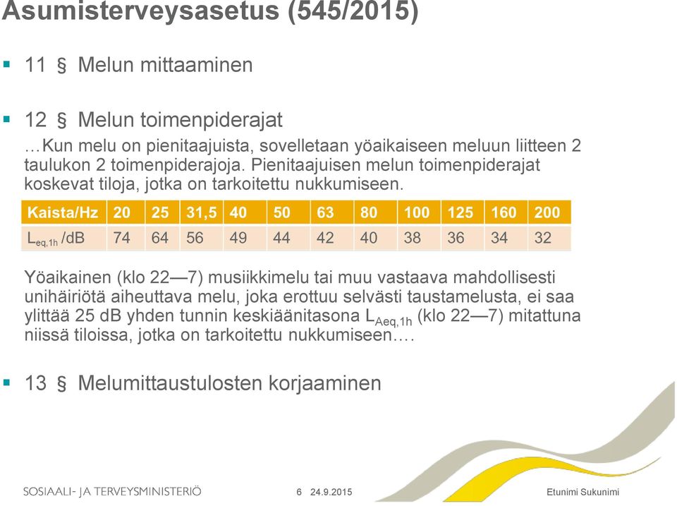 Yöaikainen (klo 22 7) musiikkimelu tai muu vastaava mahdollisesti unihäiriötä aiheuttava melu, joka erottuu selvästi taustamelusta, ei saa