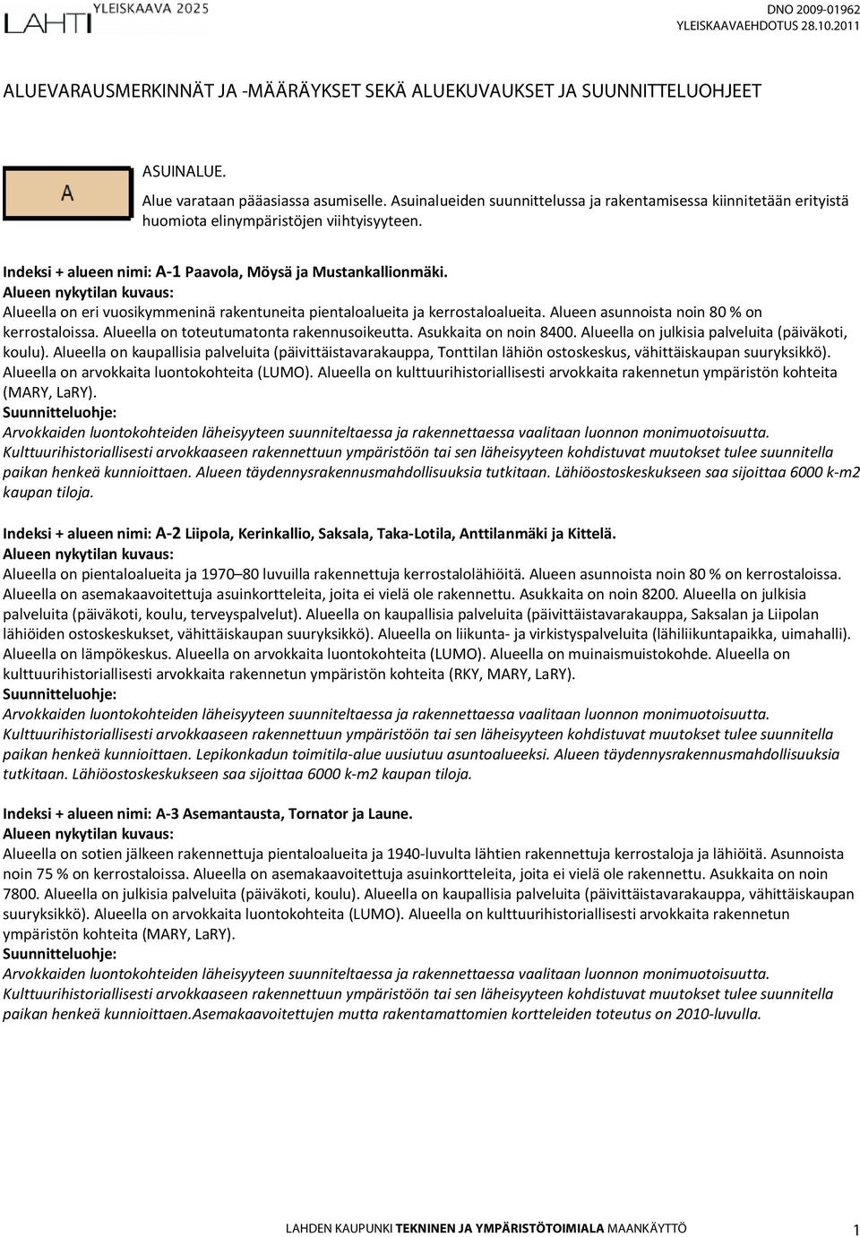 Alueella on eri vuosikymmeninä rakentuneita pientaloalueita ja kerrostaloalueita. Alueen asunnoista noin 80 % on kerrostaloissa. Alueella on toteutumatonta rakennusoikeutta. Asukkaita on noin 8400.