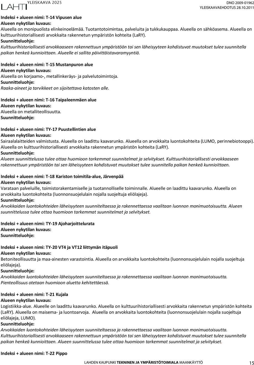 Indeksi + alueen nimi: T-15 Mustanpuron alue Alueella on korjaamo-, metallinkeräys- ja palvelutoimintoja. Raaka-aineet ja tarvikkeet on sijoitettava katosten alle.