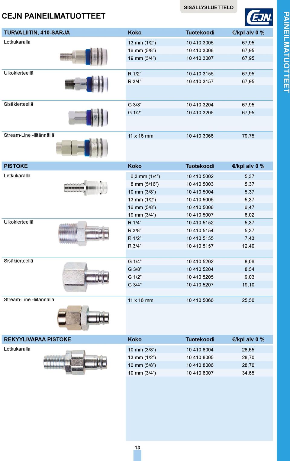 Tuotekoodi Letkukaralla 6,3 mm (1/4 ) 10 410 5002 5,37 8 mm (5/16 ) 10 410 5003 5,37 10 mm (3/8 ) 10 410 5004 5,37 13 mm (1/2 ) 10 410 5005 5,37 16 mm (5/8 ) 10 410 5006 6,47 19 mm (3/4 ) 10 410 5007