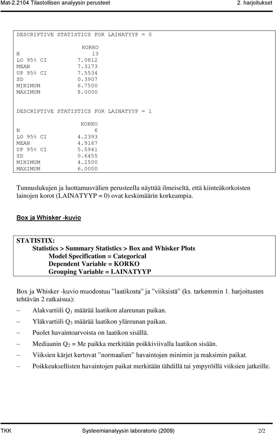 0000 Tunnuslukujen ja luottamusvälien perusteella näyttää ilmeiseltä, että kiinteäkorkoisten lainojen korot (LAINATYYP = 0) ovat keskimäärin korkeampia.