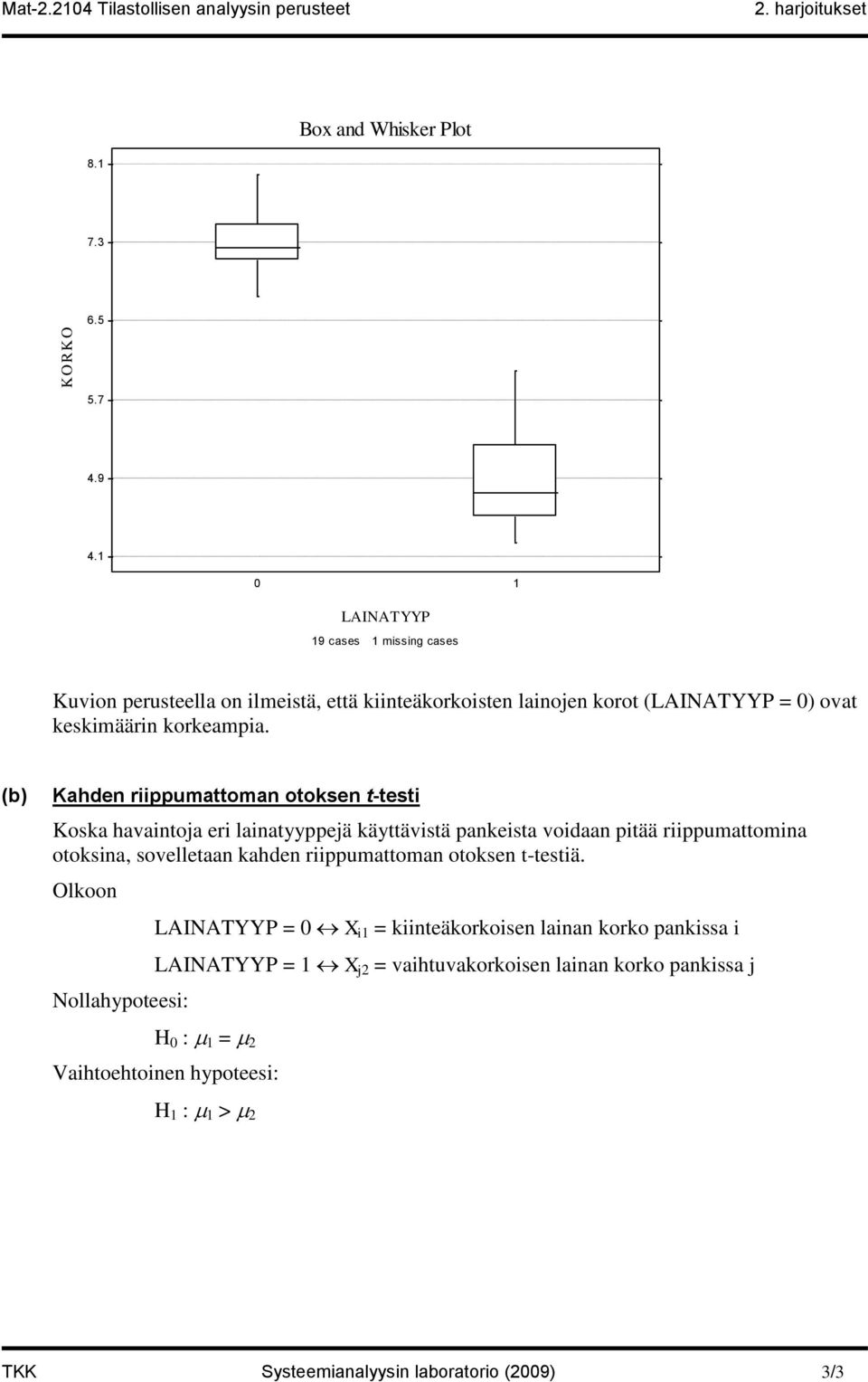 (b) Kahden riippumattoman otoksen t-testi Koska havaintoja eri lainatyyppejä käyttävistä pankeista voidaan pitää riippumattomina otoksina, sovelletaan kahden