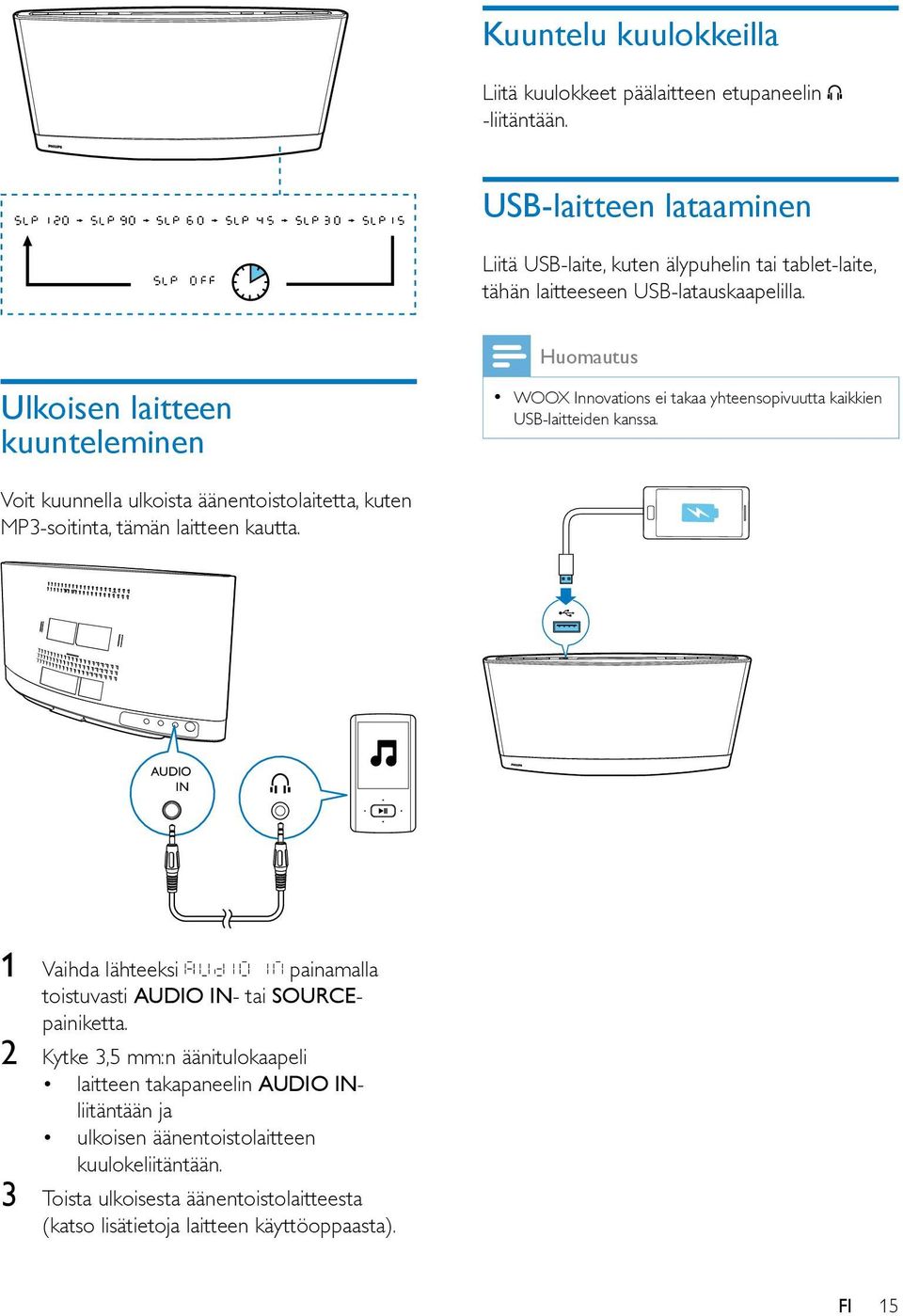 Ulkoisen laitteen kuunteleminen WOOX Innovations ei takaa yhteensopivuutta kaikkien USB-laitteiden kanssa.