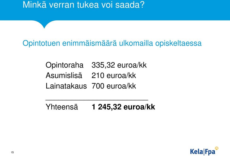 opiskeltaessa Opintoraha 335,32 euroa/kk