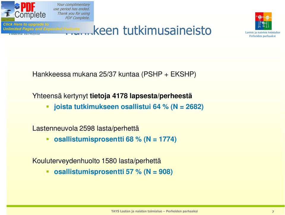 2682) Lastenneuvola 2598 lasta/perhettä osallistumisprosentti 68 % (N = 1774)