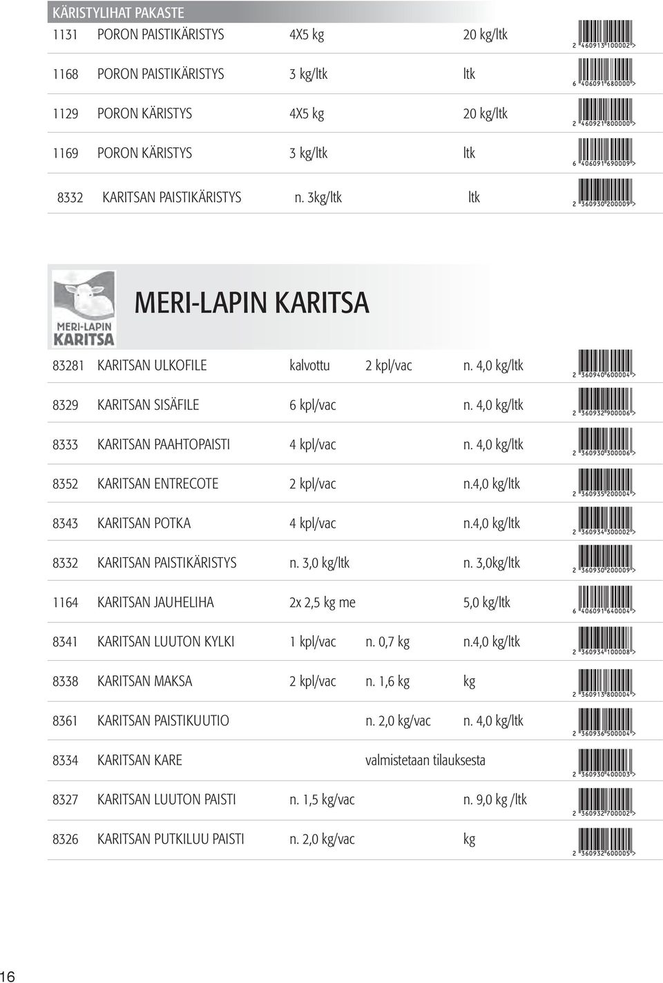 4,0 kg/ltk 8352 KARITSAN ENTRECOTE 2 kpl/vac n.4,0 kg/ltk 8343 KARITSAN POTKA 4 kpl/vac n.4,0 kg/ltk 8332 KARITSAN PAISTIKÄRISTYS n. 3,0 kg/ltk n.