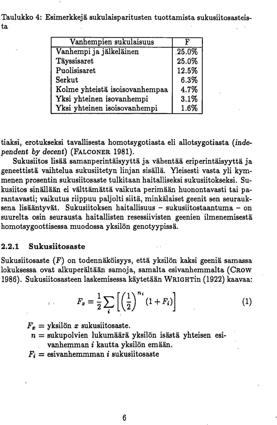 6% tiaksi, erotukseksi tavallisesta homotsygotiasta eli allotsygotiasta (independent by decent) (FALCONER 1981).