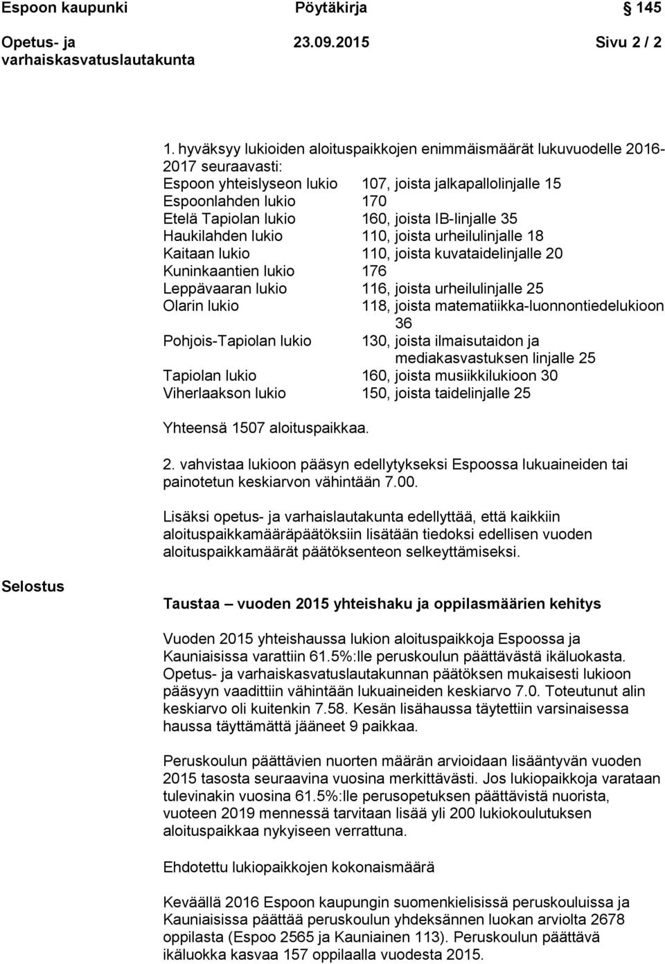 joista IB-linjalle 35 Haukilahden lukio 110, joista urheilulinjalle 18 Kaitaan lukio 110, joista kuvataidelinjalle 20 Kuninkaantien lukio 176 Leppävaaran lukio 116, joista urheilulinjalle 25 Olarin