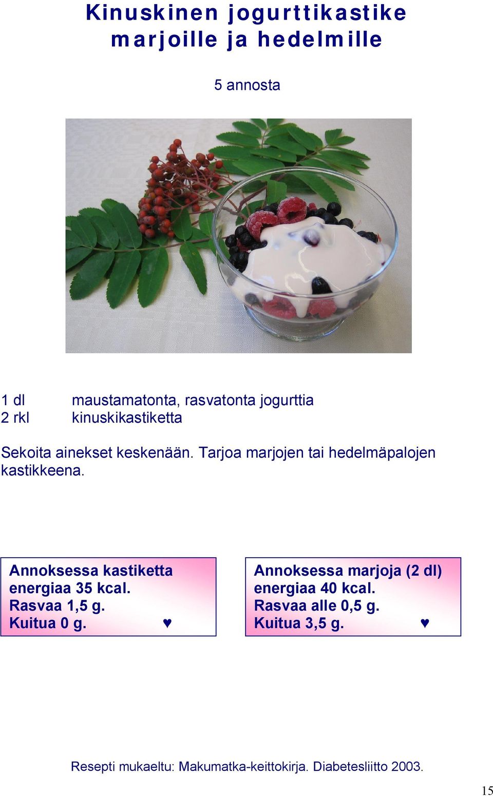 Annoksessa kastiketta energiaa 35 kcal. Rasvaa 1,5 g. Kuitua 0 g.