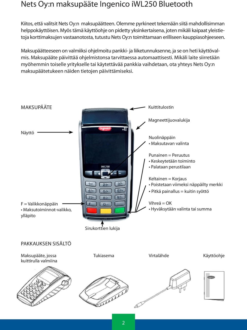 Maksupäätteeseen on valmiiksi ohjelmoitu pankki- ja liiketunnuksenne, ja se on heti käyttövalmis. Maksupääte päivittää ohjelmistonsa tarvittaessa automaattisesti.